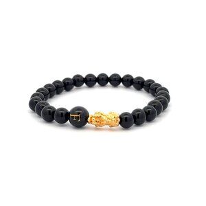 18K Gold Pixiu Piyao Bracelet Gemstones Onyx 6mm Elastic Bracelet Letter F